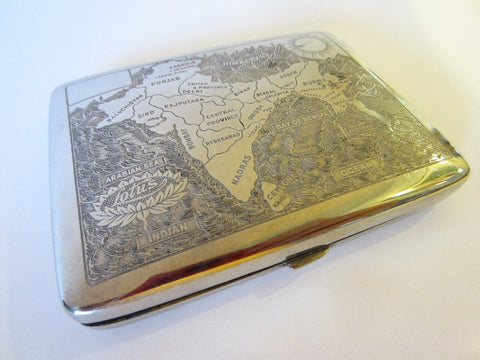 Lotus South Asia Map Decorated Chasing Engraving Silver Case - Designer Unique Finds 