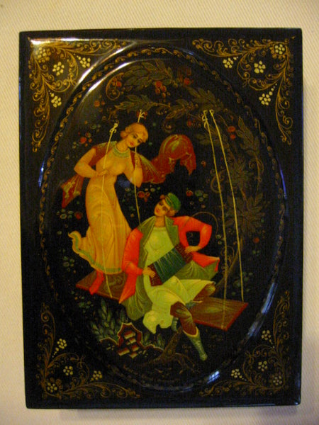 Romantic Black Hand Painted Signed Russian Lacquer Box