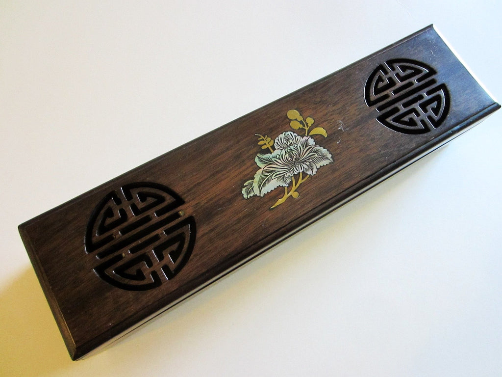 Oriental Celluloid Wood Alike Jewelry Box With Symbols Mother of Pearl Lotus - Designer Unique Finds 