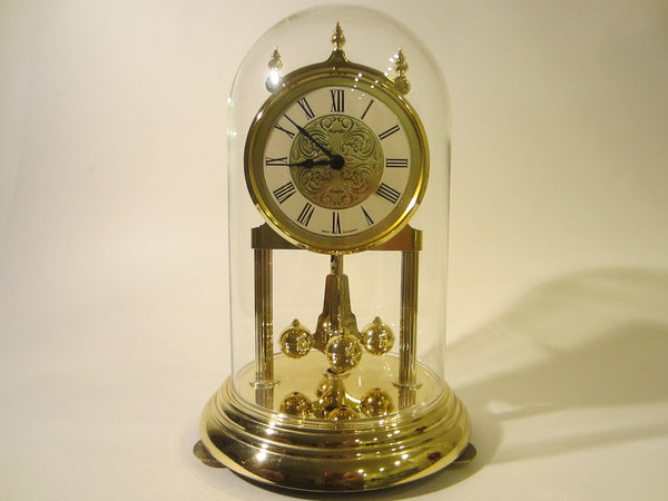 Kundo West Germany Anniversary Mantle Clock Glass Dome Brass Pendulum - Designer Unique Finds 