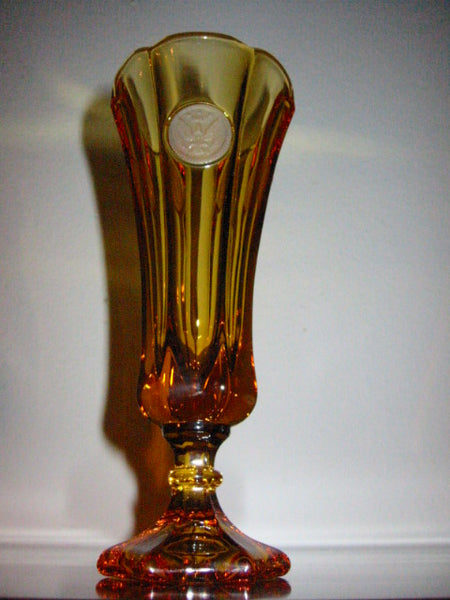 Fostoria Amber Cased Frosted Torch Coins Stem Glass Vase 