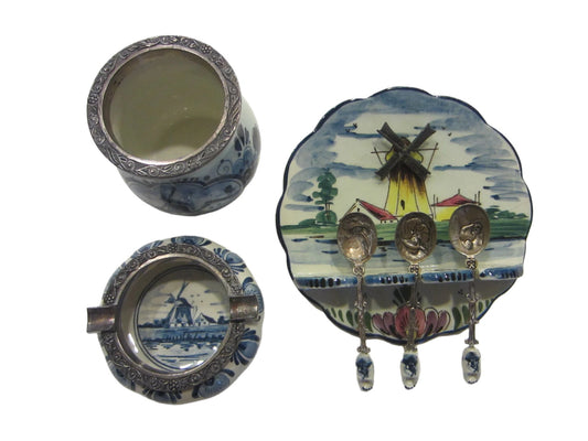 Elesva Delft Hand Painted Made In Holland Dutch Windmill Ashtray Set