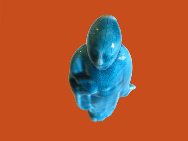 Folk Art Asian Blue Ceramic Standing Buddha Figure - Designer Unique Finds 
