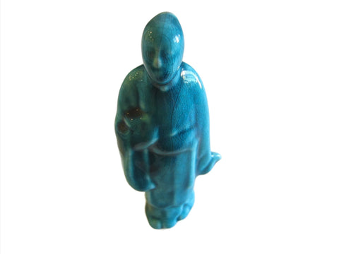 Folk Art Asian Blue Ceramic Standing Buddha Figure - Designer Unique Finds 