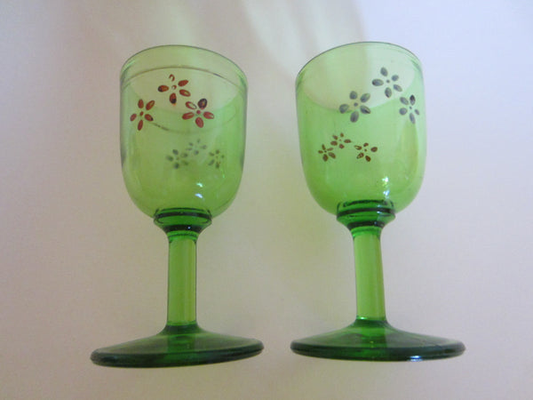 Beaumont Style Cordial Stemware Cherry Glass Painted Flowers In Pair - Designer Unique Finds 
