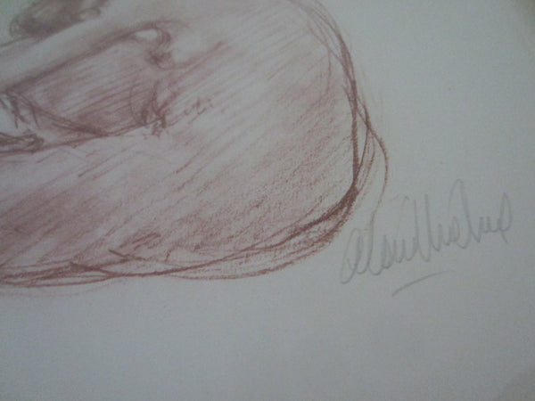 Impressionist Portrait Pencil Drawing Signed Gouache