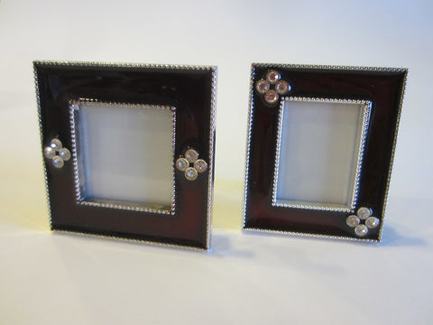 Miniature Burgundy Picture Frames Enameled Crystal Decorated - Designer Unique Finds 