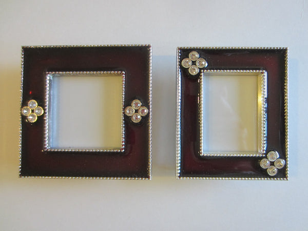 Miniature Burgundy Picture Frames Enameled Crystal Decorated - Designer Unique Finds 