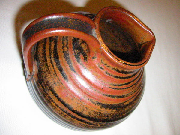 Ceramic Vase With Handle Artist Signature Red Glaze - Designer Unique Finds 