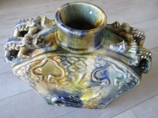 Majolica Ceramic Vases Swirl Dragons Insects Handles - Designer Unique Finds 