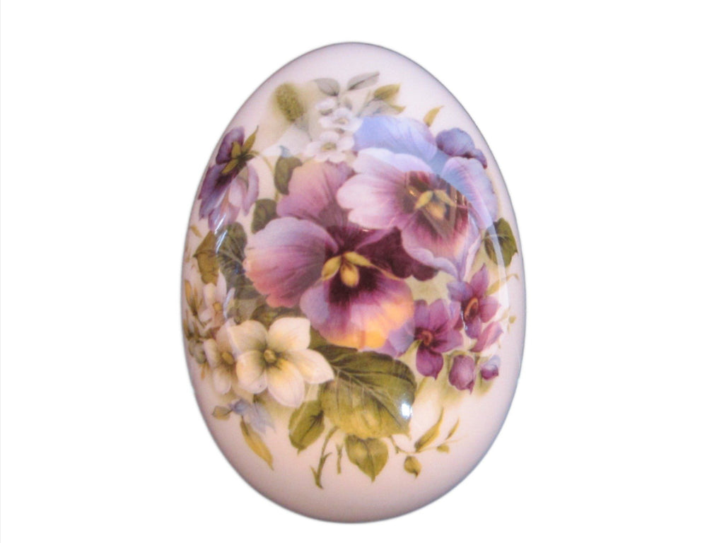 White Porcelain Egg Violet Flowers - Designer Unique Finds 