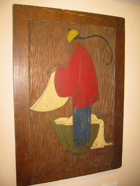 Chinese Launder Man Hand Colored Etched Wood Folk Art Wall Decor - Designer Unique Finds 
 - 2