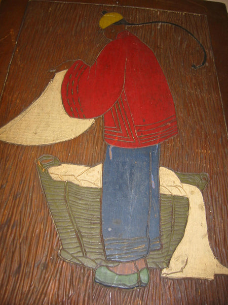 Chinese Launder Man Hand Colored Etched Wood Folk Art Wall Decor - Designer Unique Finds 
 - 3