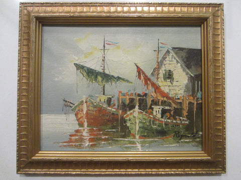 Impressionist Nautical House Boats Shore Oil On Board Signed Reynoldss