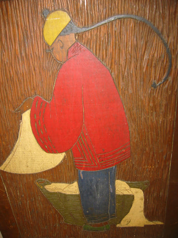 Chinese Launder Man Hand Colored Etched Wood Folk Art Wall Decor - Designer Unique Finds 
 - 1