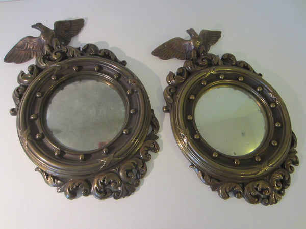 Colonial Antiqued Eagle Crest Mid Century Convex Mirrors