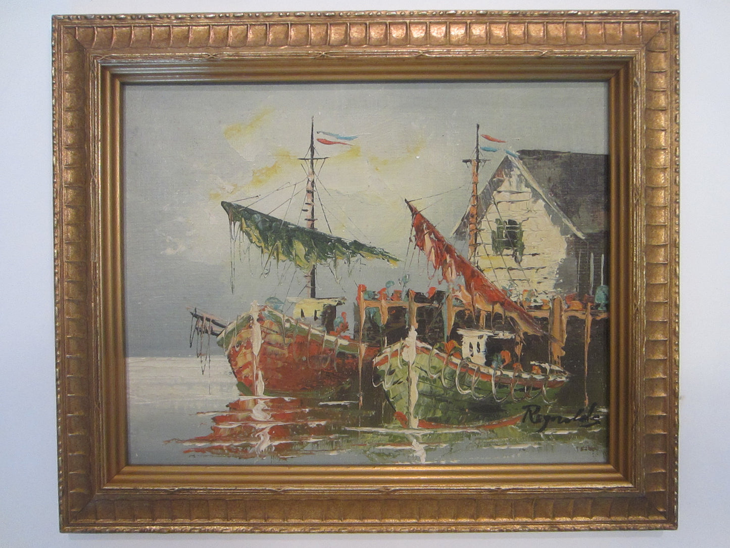 Impressionist Nautical House Boats Shore Oil On Board Signed Reynolds