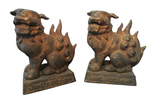 Asian Art Deco Foo Dogs Gilt Bronze Lions Oriental Bookends - Designer Unique Finds  - 2