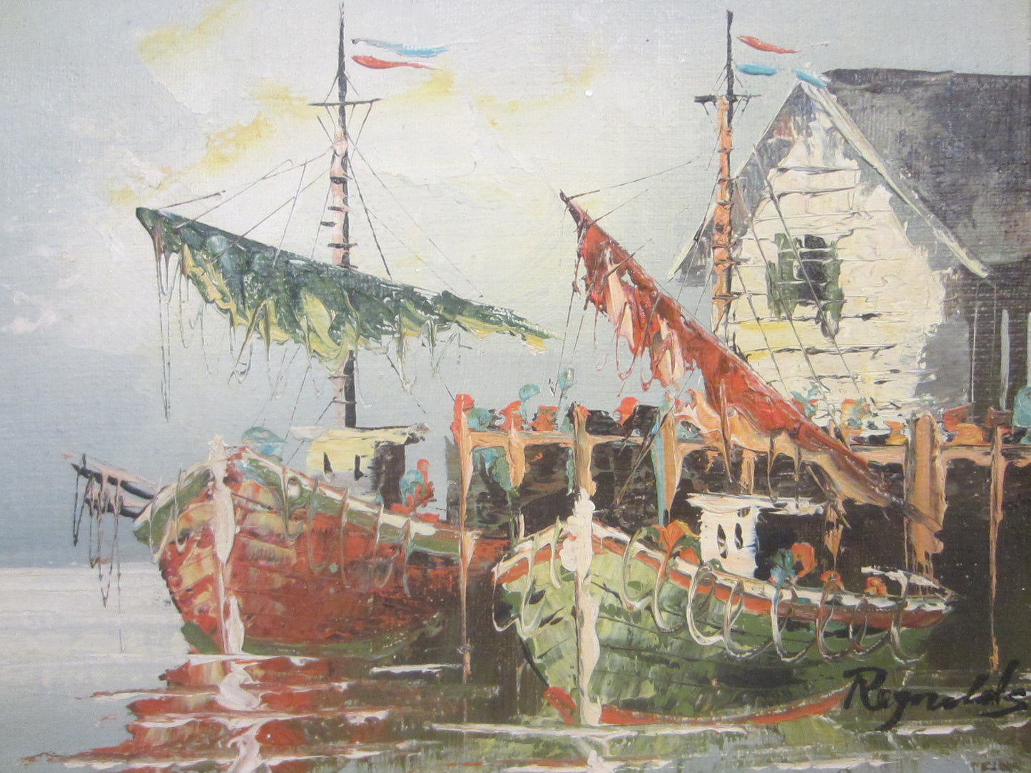 Impressionist Nautical House Boats Shore Oil On Board Signed Reynolds