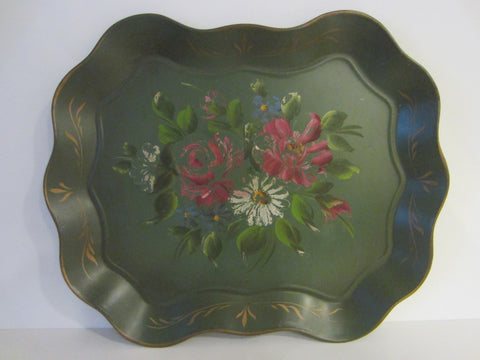 Nash New York Green Tole Floral Tray Mid Century Modern 