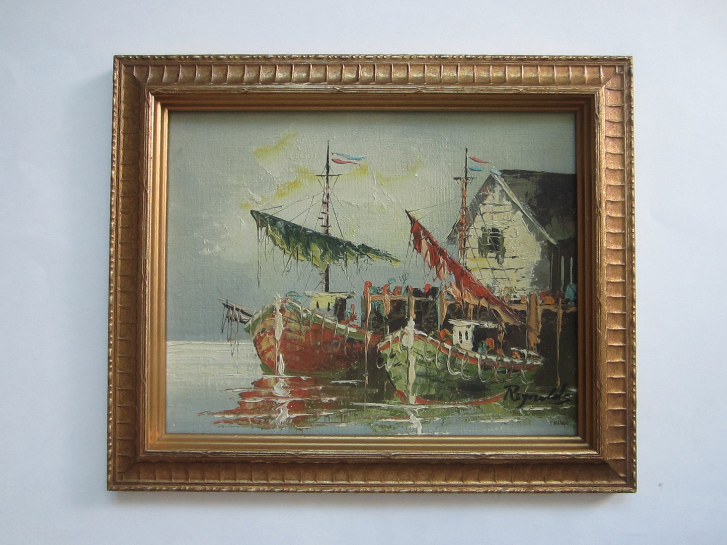 Impressionist Nautical House Boats Shore Oil On Board Signed Reynolds