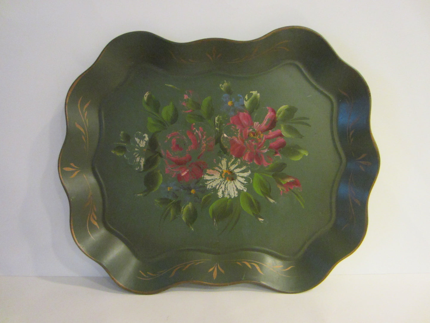 Nash New York Mid Century Modern Green Tole Floral Tray