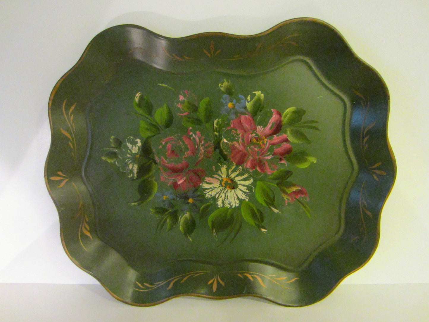 Nash New York Mid Century Modern Green Tole Floral Tray