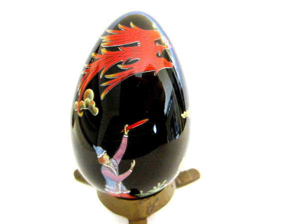 Black Porcelain Egg FM 88 Japan Painted Dancers Red Dragon Scenic Relief