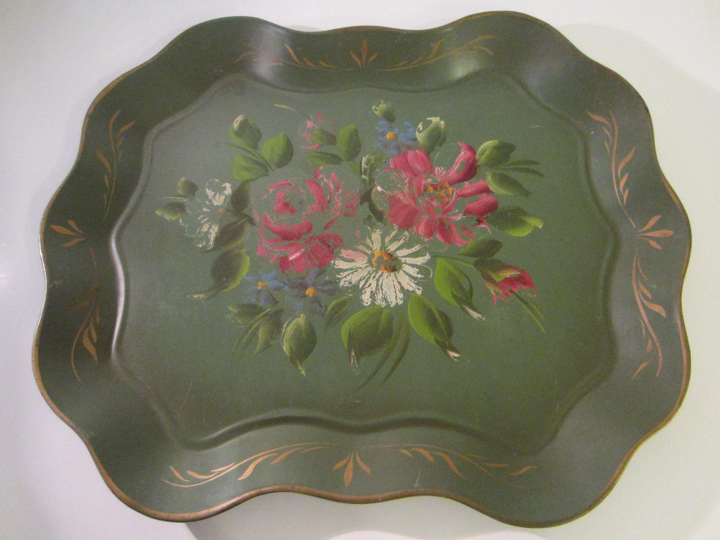 Nash New York Mid Century Modern Green Tole Floral Tray