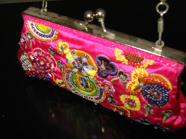 Sequined Pink Silk Clutch Designer Purse Hand Made Jeweled Tone - Designer Unique Finds 