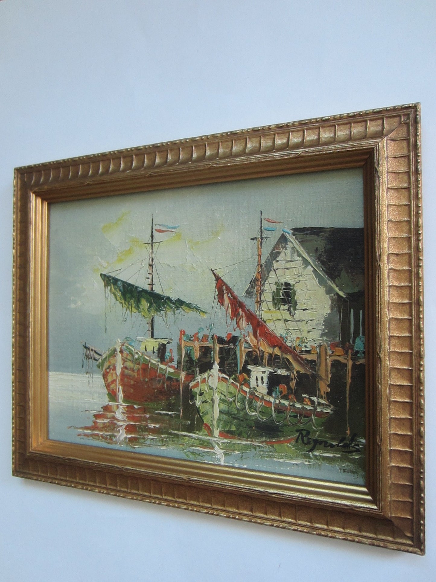 Impressionist Nautical House Boats Shore Oil On Board Signed Reynolds