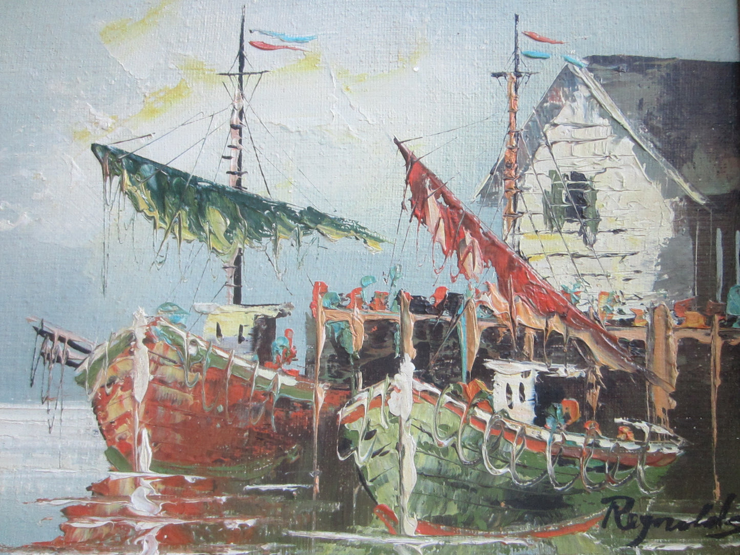 Impressionist Nautical House Boats Shore Oil On Board Signed Reynolds