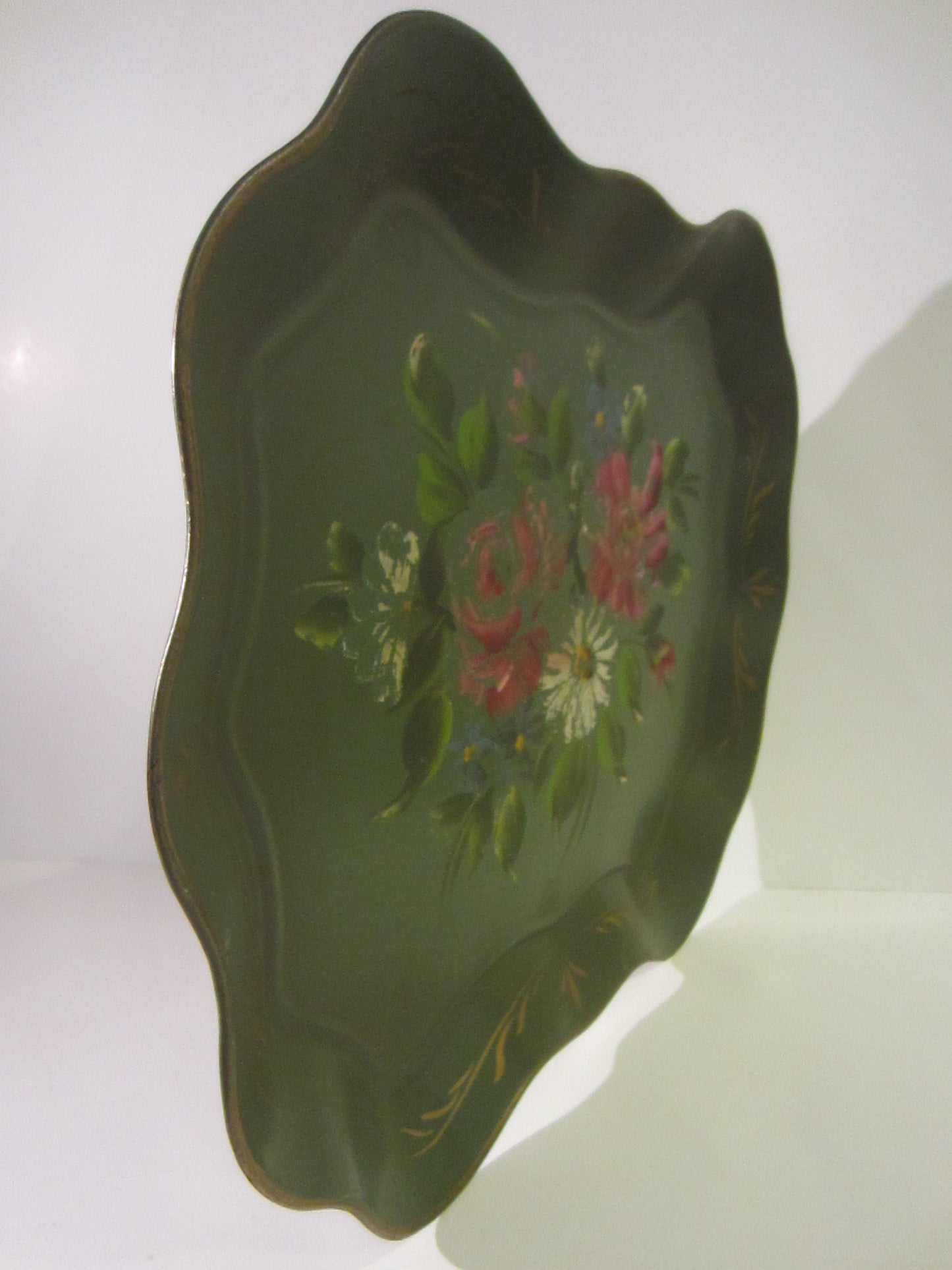 Nash New York Mid Century Modern Green Tole Floral Tray