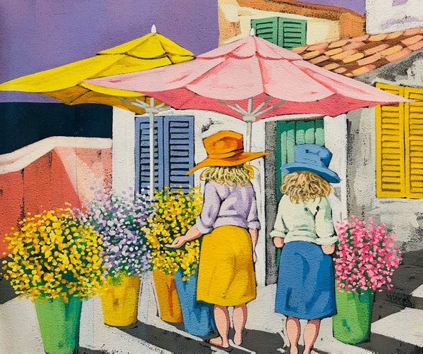 Contemporary Figurative Courtyard Expressionist Signed Gouache On Paper