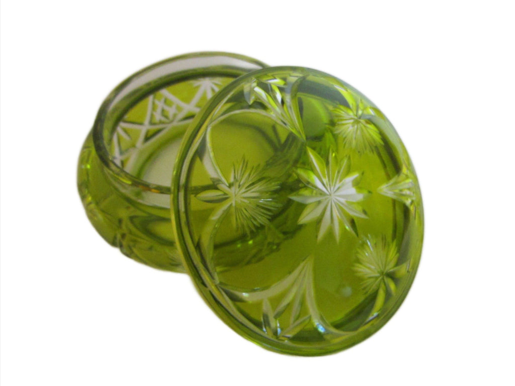 Bohemian Overlay Glass Green Star Medallion Hand Cut Covered Box - Designer Unique Finds 