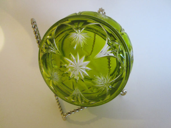 Bohemian Overlay Glass Green Star Medallion Hand Cut Covered Box - Designer Unique Finds 