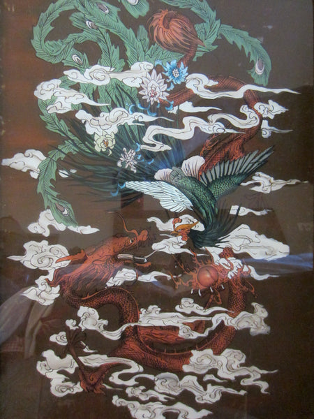 Chinese Reverse Glass Painting Dragon Phoenix Flowers - Designer Unique Finds 
 - 1