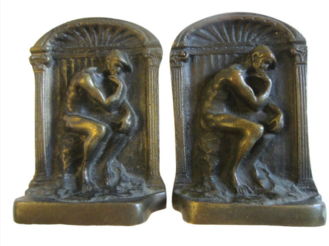 Art Deco Old English Cast Brass Figurative Bookends The Thinker