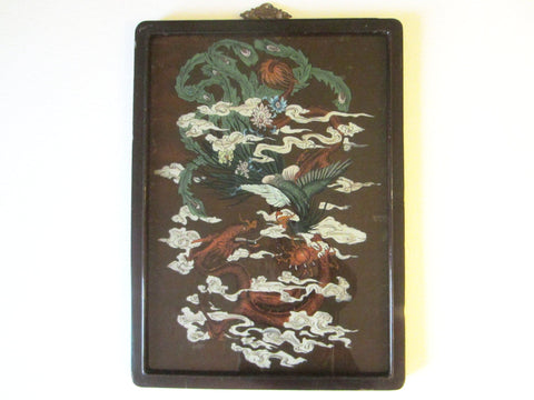 Chinese Reverse Glass Painting Dragon Phoenix Flowers - Designer Unique Finds 
 - 2