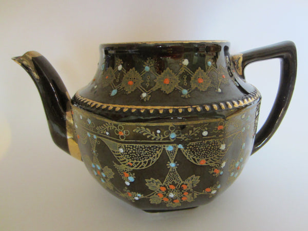 Luster Brown Moriage Ceramic No Lid Teapot Gold Plated Colored Beading