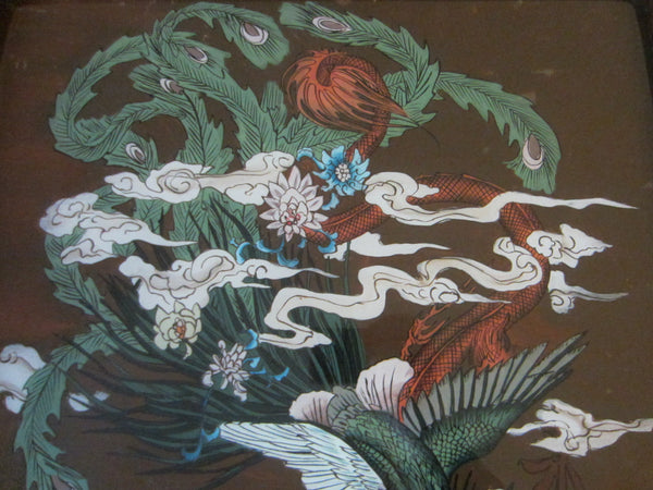Chinese Reverse Glass Painting Dragon Phoenix Flowers - Designer Unique Finds 
 - 8