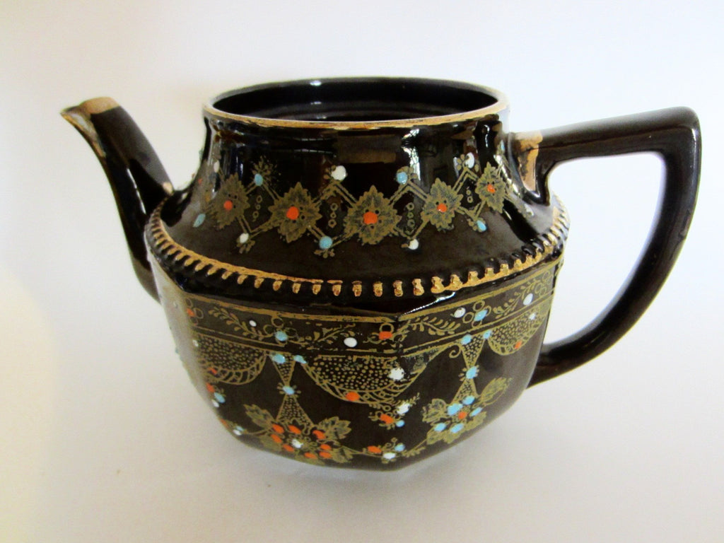 Luster Brown Moriage Ceramic Teapot Gold Plated Colored Beading - Designer Unique Finds 