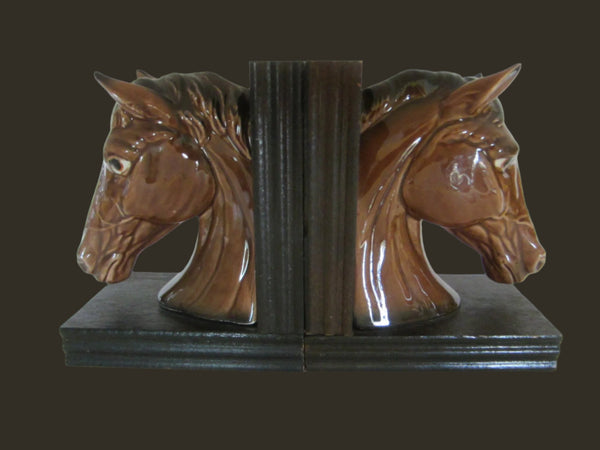 EW Japan Ceramic Horse Head Equestrian Bookends Hand Painted Labeled