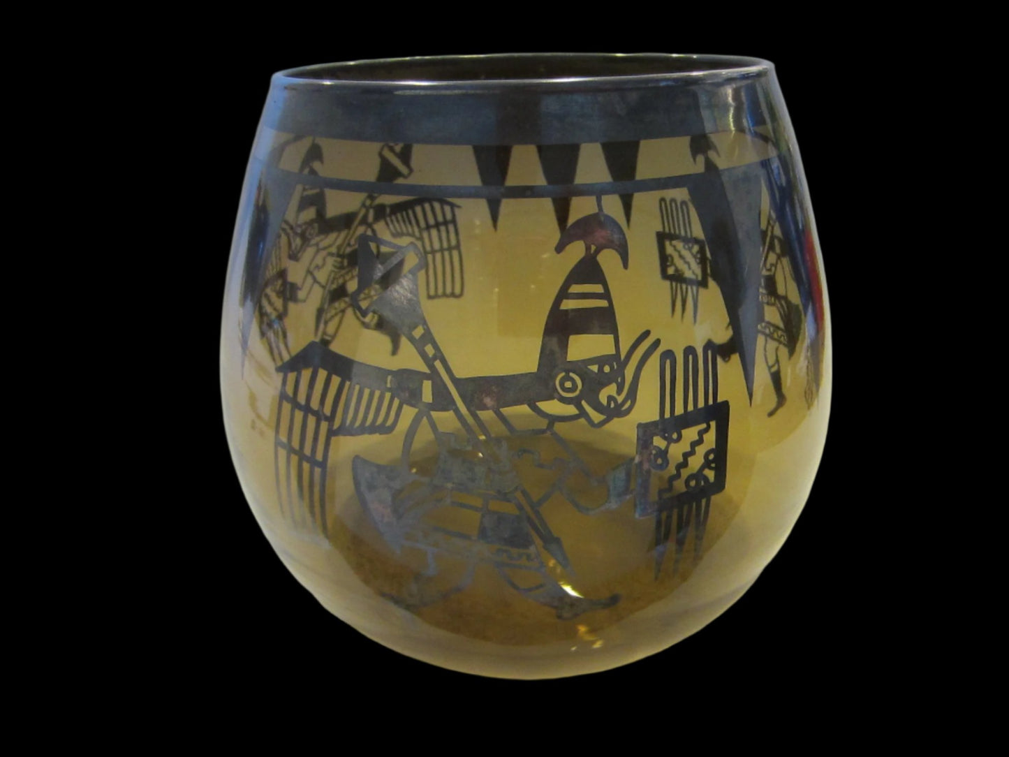 Southwestern Native Style Topaz Figurative Folk Art Glass Bowl