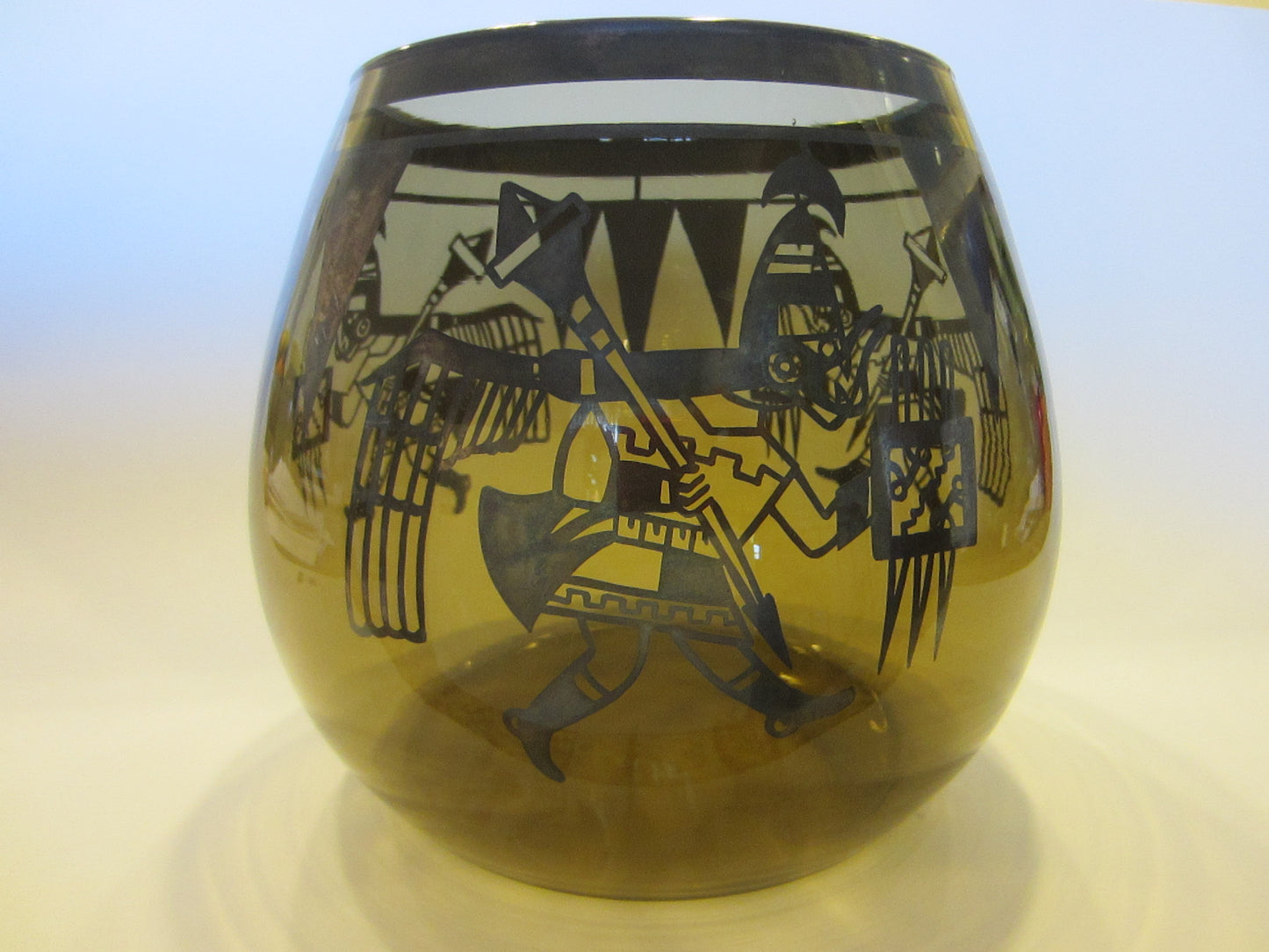 Southwestern Native Style Topaz Figurative Folk Art Glass Bowl