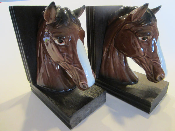 EW Japan Ceramic Horse Head Equestrian Bookends Hand Painted Labeled