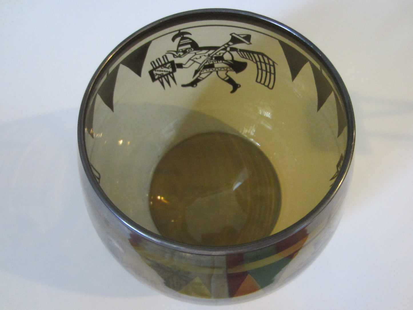 Southwestern Native Style Topaz Figurative Folk Art Glass Bowl