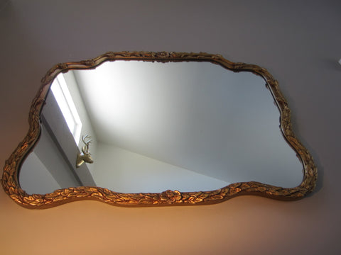 Art Deco Wood Mirror Floral Gold Leaf Medallion Curves Decoration - Designer Unique Finds 
