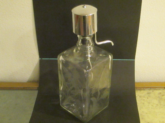 Scotch Glass Decanter Chrome Dispenser Decorated Flowers - Designer Unique Finds 