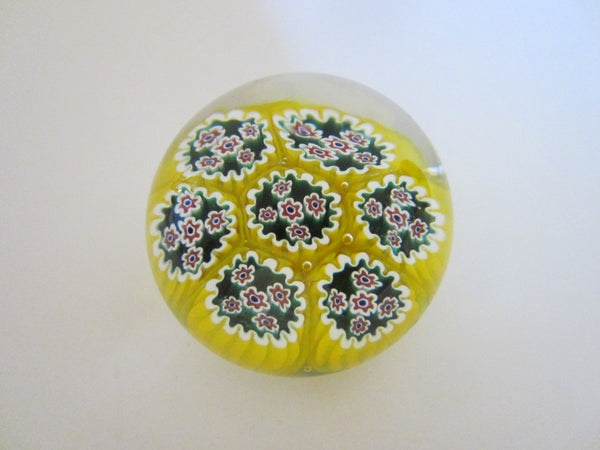 Millefiori Murano Italy Glass Paperweight Yellow Bed Blue Flowers - Designer Unique Finds 